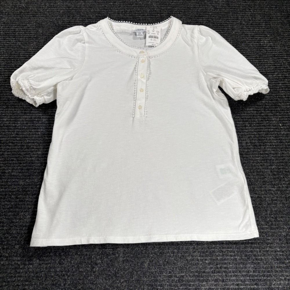 J.Crew Womens White Puff Sleeve Eyelet Lace Trim Henley Top CJ080 XS NEW